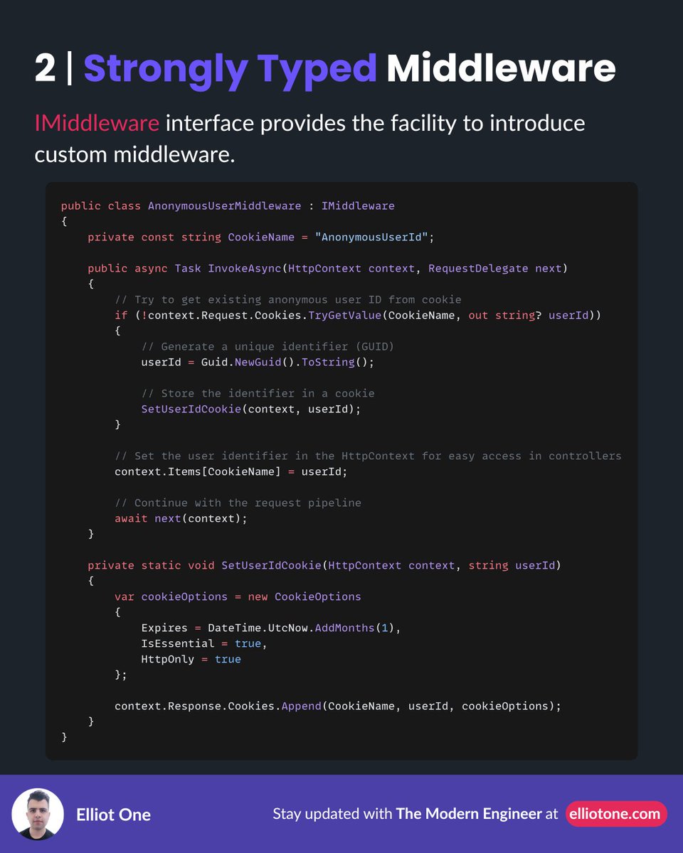 elliot1one's tweet image. Middleware controls request flow, logging, auth, and more.

3 ways to implement custom middleware:
1️⃣ Conventional: simple, reusable
2️⃣ IMiddleware: clean, testable, DI-friendly ✅
3️⃣ Inline: quick, lightweight

#dotnet #backend #webdev #cleancode