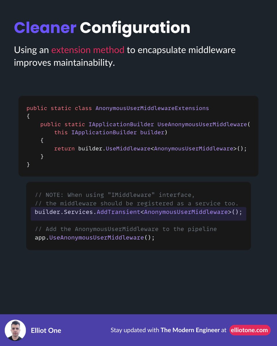 elliot1one's tweet image. Middleware controls request flow, logging, auth, and more.

3 ways to implement custom middleware:
1️⃣ Conventional: simple, reusable
2️⃣ IMiddleware: clean, testable, DI-friendly ✅
3️⃣ Inline: quick, lightweight

#dotnet #backend #webdev #cleancode