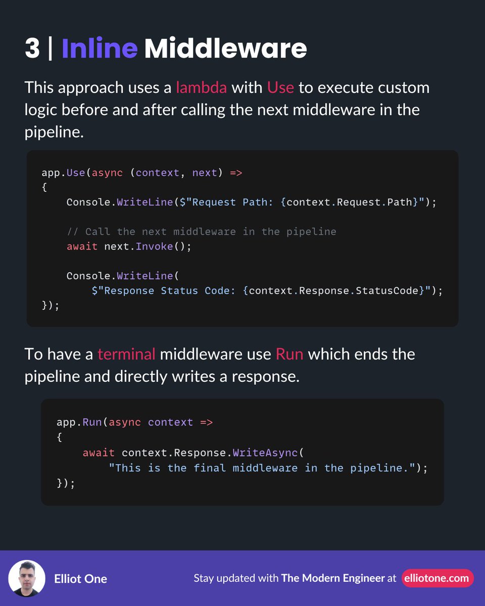 elliot1one's tweet image. Middleware controls request flow, logging, auth, and more.

3 ways to implement custom middleware:
1️⃣ Conventional: simple, reusable
2️⃣ IMiddleware: clean, testable, DI-friendly ✅
3️⃣ Inline: quick, lightweight

#dotnet #backend #webdev #cleancode