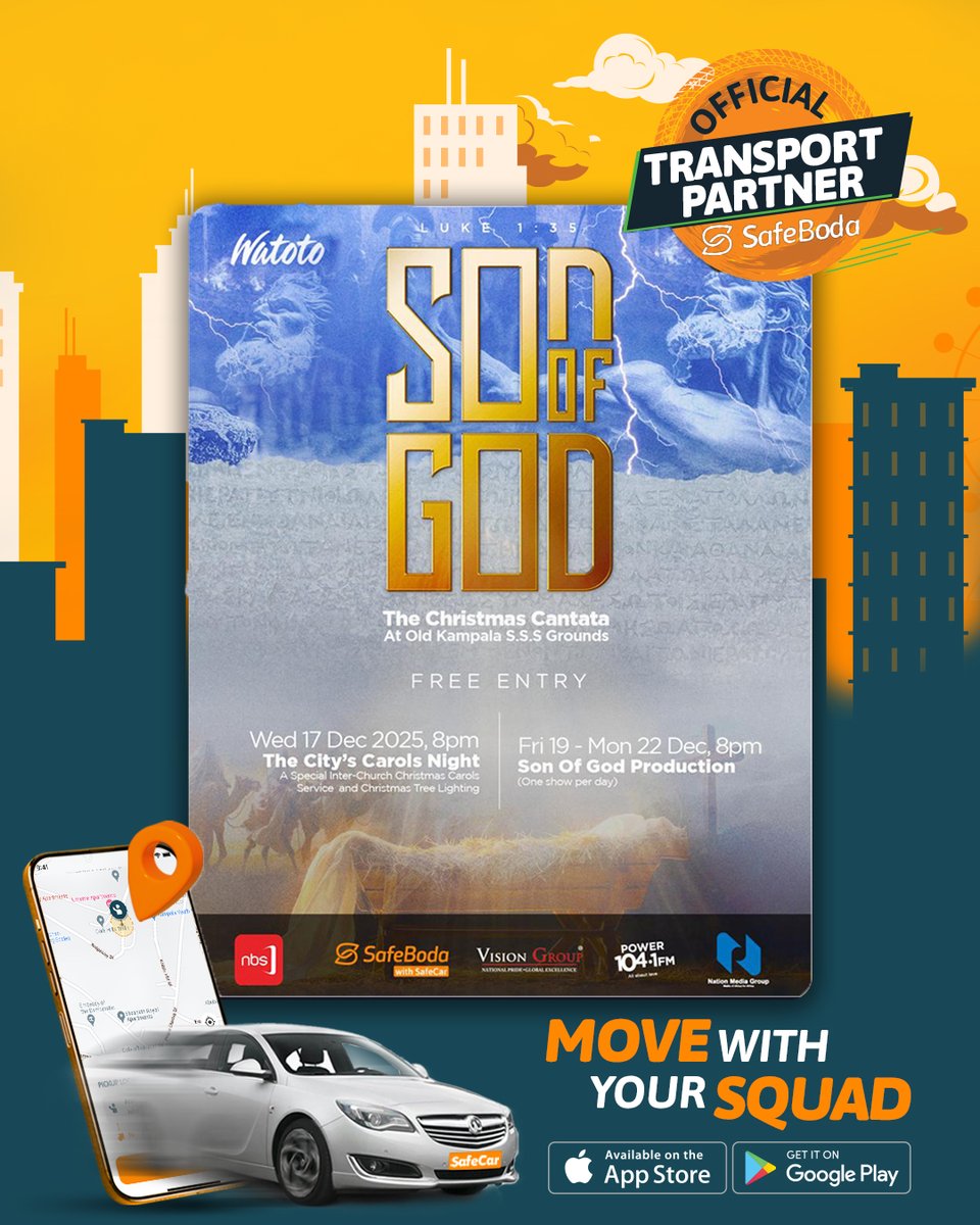 SafeBoda's tweet photo. The season of joy is here!
Headed to the SON OF GOD Christmas Cantata at Old Kampala SSS Grounds?
Move with your squad on SafeCar—smooth, safe &amp; stress-free! https://t.co/iIdL6T6elw