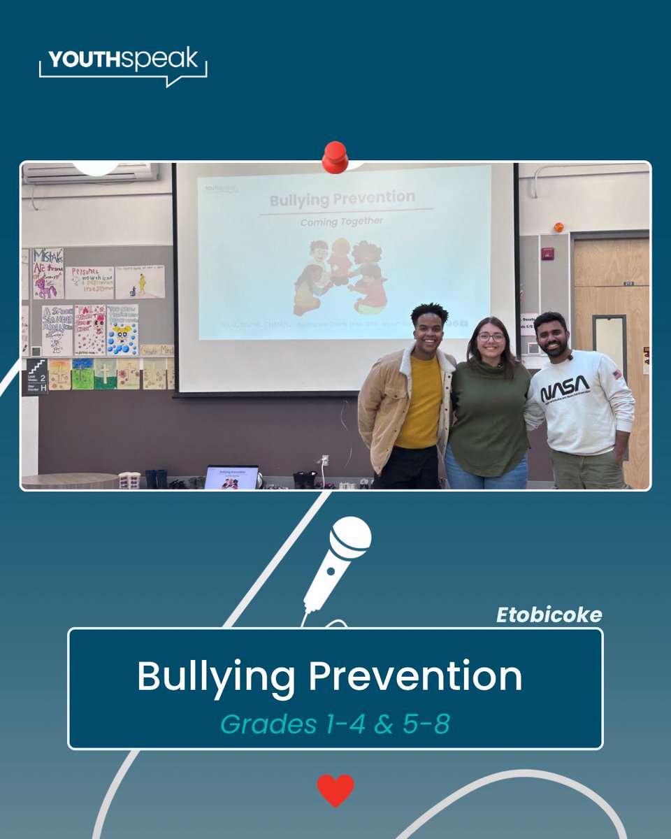 Brian, Melissa &amp; Pratheep led two Bullying Prevention workshops in Etobicoke today 💛

Students from grades 1–8 were super engaged and asked such smart, thoughtful questions.
Proud of these young leaders 🗣️✨
#YouthSpeak #BullyingPrevention #SafeSchools #YouthEmpowerment