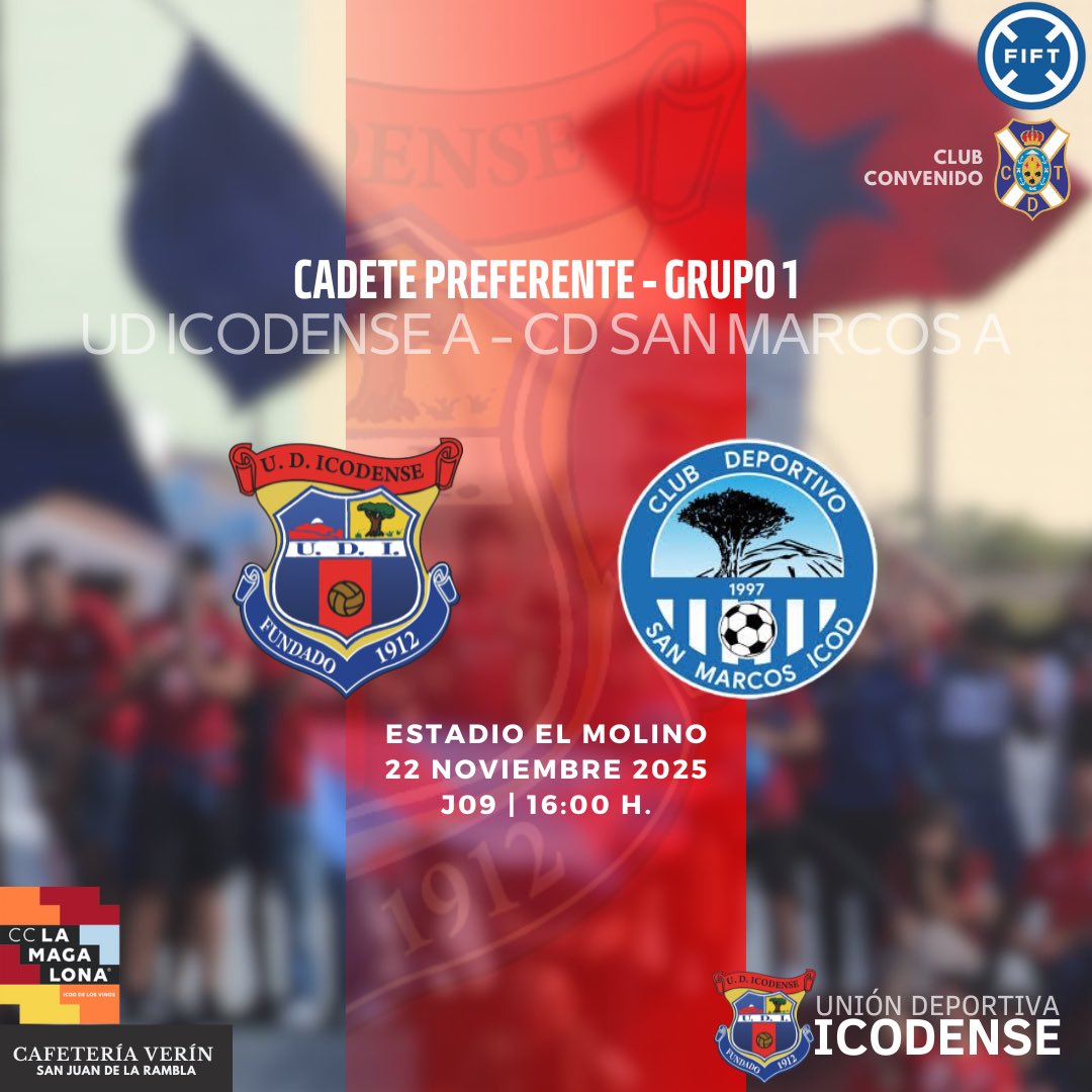 | CADETE PREFERENTE ⚽️

Este sábado a las 16:00 horas, se vivirá un duelo icodense, ¡que promete ser muy intenso y vibrante! 🔥⚽️

🏅 Nuestros chicos lideran su grupo siendo invictos, acumulando siete victorias y un empate.

¡VAMOS ROJOS! ❤️❤️💙💙
🔜 DERBI ICODENSE