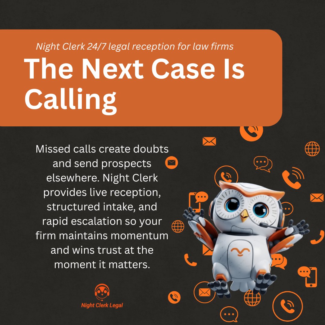 NightClerkLegal's tweet image. If your phones go to voicemail, your next case goes to someone else. 

Night Clerk answers live 24/7, captures intake, books consults, and escalates urgent matters so your firm never looks closed. Win trust at the first hello—get Night Clerk today.

#LegalTech #ClientIntake