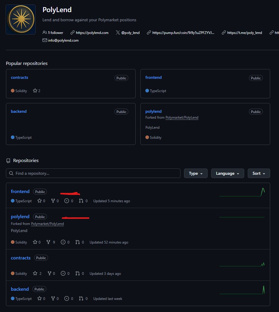 New repo added the Polylend github, looks like a new fork of the official repo from <a href="/Polymarket/">Polymarket</a>, could be expanding the on-chain utils. 

Also, expect to see more updates in the frontend repo as the team migrates to a new UI library. 

Been holding for 1 month now and there have