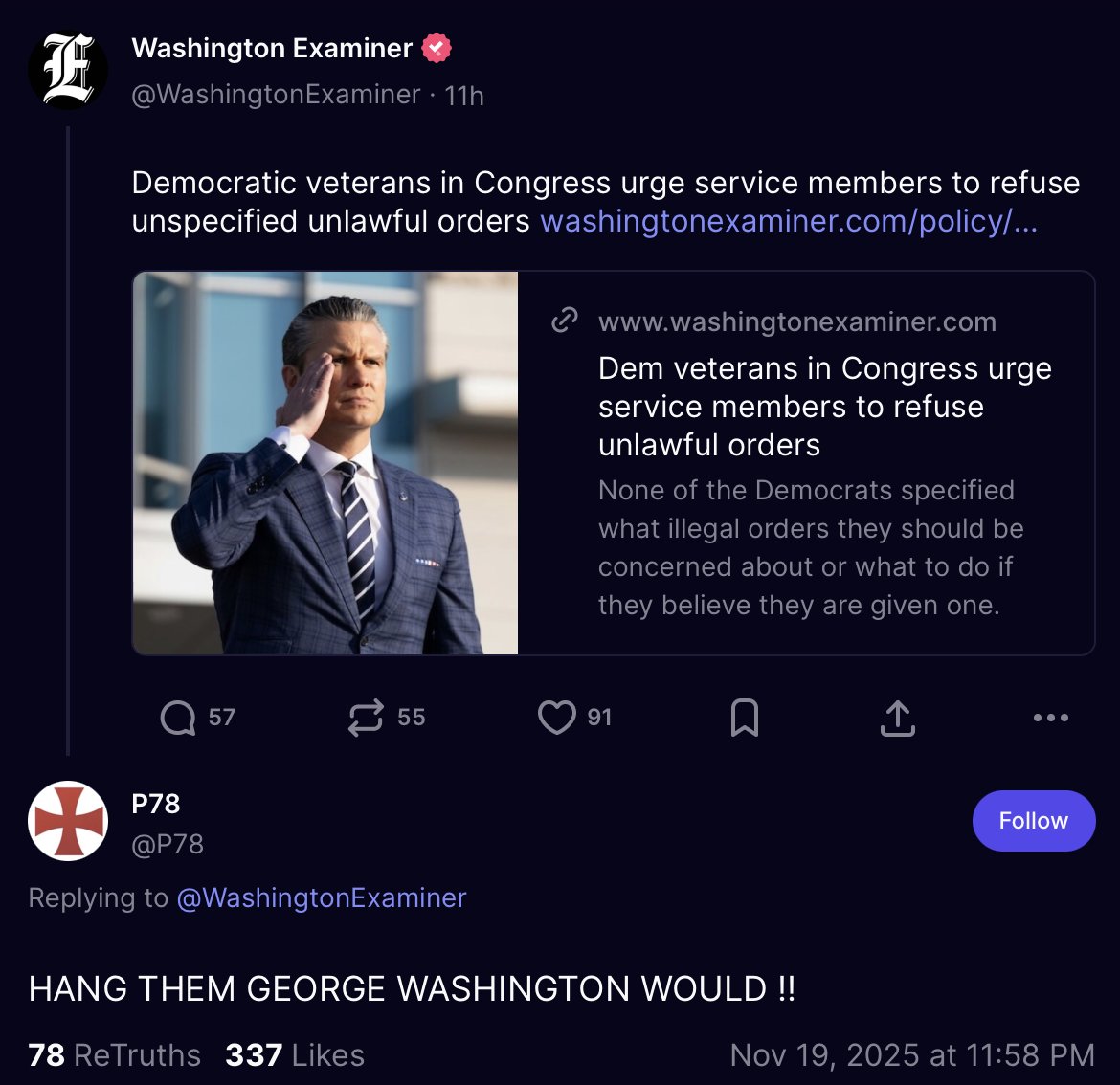 OfTheBraveUSA's tweet image. Trump just reposted a Truth Social post calling for Democratic Members of Congress to be hanged: