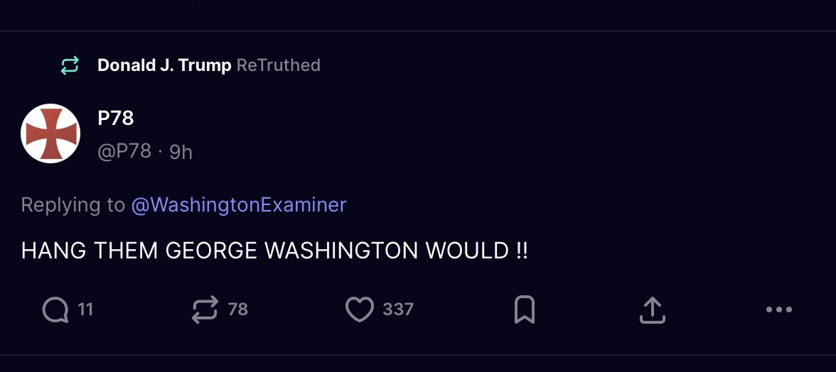 OfTheBraveUSA's tweet image. Trump just reposted a Truth Social post calling for Democratic Members of Congress to be hanged: