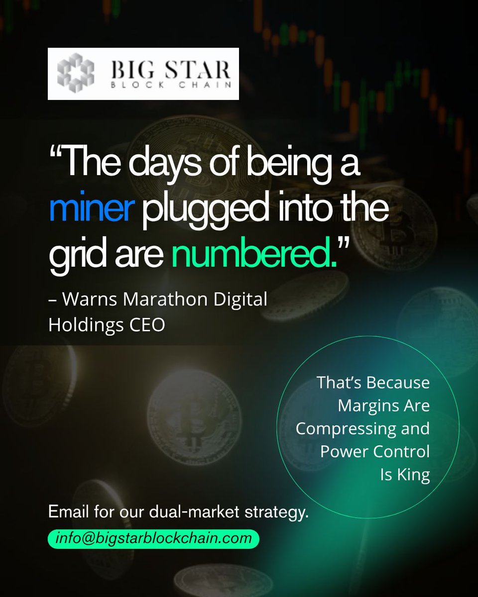 BigStarMining's tweet image. At Big Star Blockchain, our infrastructure:
 🔹 Owns power architecture
 🔹 Hosts AI + crypto workloads
 🔹 Creates margin-dense assets

📞 Email info@bigstarblockchain.com for our dual-market strategy.

#CryptoMining #AIInfrastructure #PowerControl #InvestorOpportunity