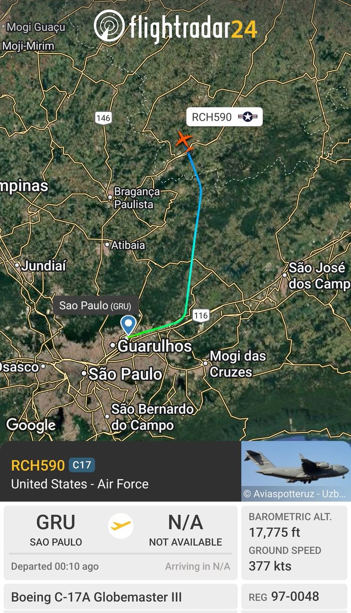 sipjack1776's tweet photo. C-17A 🇺🇲
#AE07FA/97-0048/RCH590
Departing São Paulo https://t.co/pb9j1mPmEX