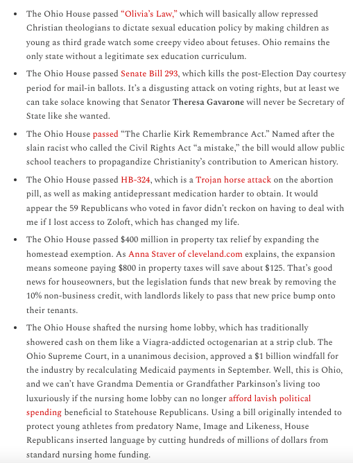 The Ohio House of Representatives worked into the early hours of Thursday morning to pass a bunch of bullshit before hitting the bricks for a holiday break that could extend into February.

Full rundown: rooster.info/p/lame-duck-20…