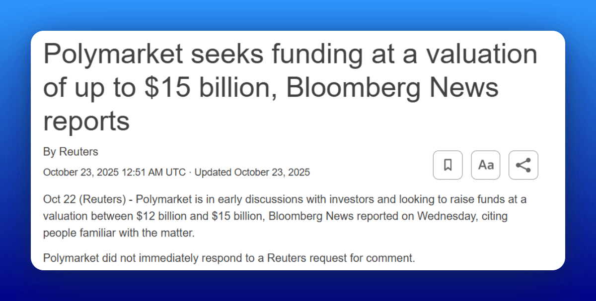 polymarket is trying to raise at a $12–15b valuation.

four months ago they were priced at $1b.

from being labeled a casino, we suddenly moved to watching how the public literally reacts to events in real time.

when i first opened polymarket, it felt like a terminal

betting on