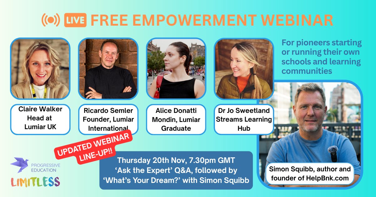 ProgEducat's tweet image. WEBINAR TONIGHT 7.30-9.30PM
For pioneers starting or running their own #Schools &amp;amp; #LearningCommunities.
&apos;Ask the Expert&apos; Q&amp;amp;A with #education innovators from #Lumiar &amp;amp; #StreamsLearningHub followed by &apos;What&apos;s Your Dream?&apos; with @simonsquibb 
Free sign up at: educationstartups.org/empower