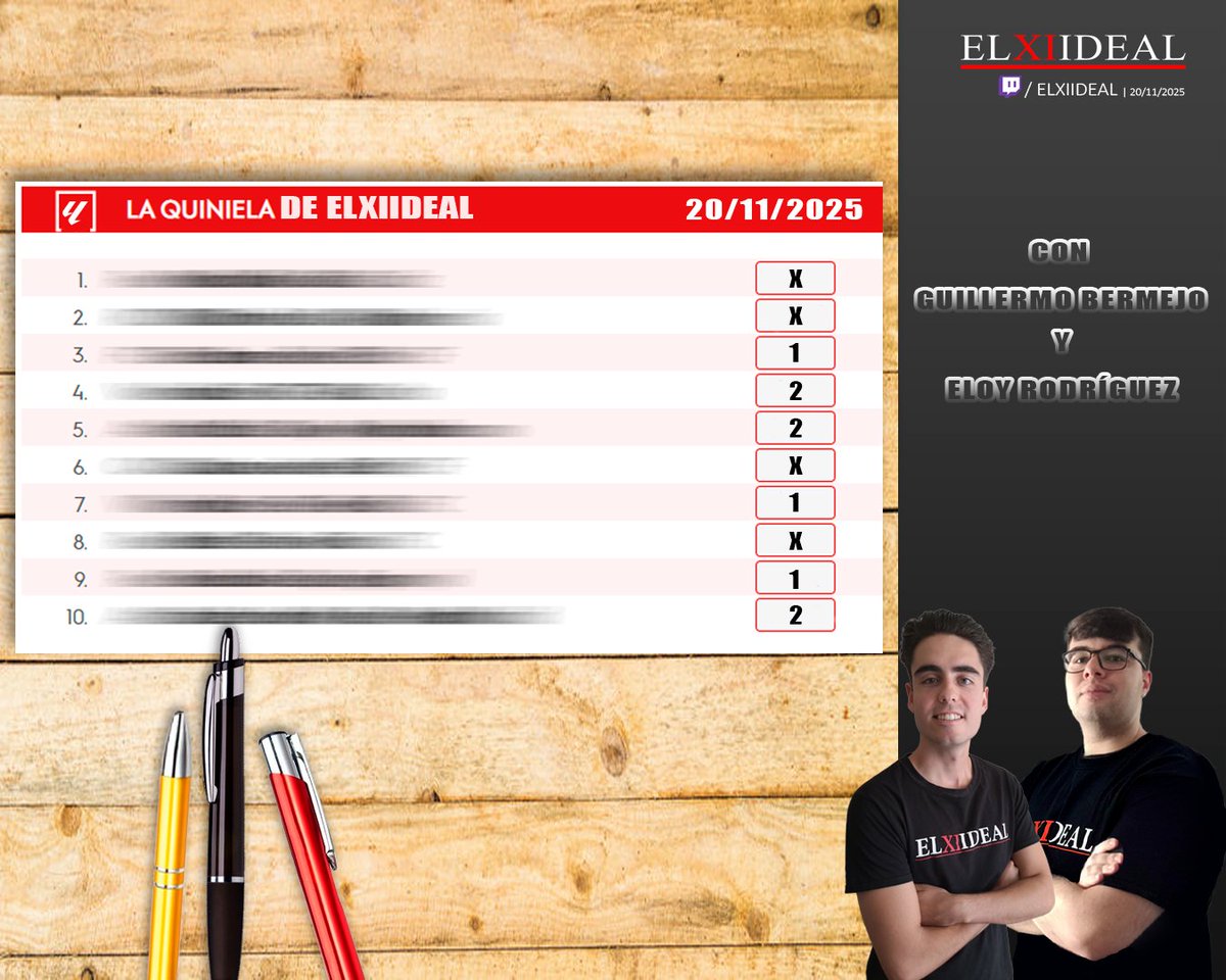 📝 ¡Llega una nueva edición de 𝗟𝗮 𝗤𝘂𝗶𝗻𝗶𝗲𝗹𝗮 𝗱𝗲 𝗘𝗟𝗫𝗜𝗜𝗗𝗘𝗔𝗟!

🗳️ Comparte con nosotros tus pronósticos de la jornada 13 de #LaLigaEASports.

🔜 A partir de las 2️⃣3️⃣:0️⃣0️⃣, en nuestro canal de <a href="/TwitchES/">Twitch ES</a>.

👉 twitch.tv/elxiideal

#LaQuinieladeELXIIDEAL