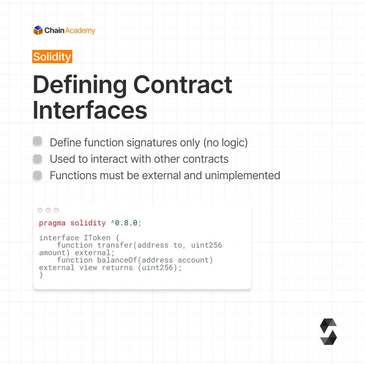 chainacademy_'s tweet image. Solidity Interfaces &amp;amp; Structs, simplified. 

Interfaces = how contracts talk.
Structs = the data they use.

Another easy-to-access tutorial in our Solidity series. 

#Solidity #Web3Learning #LearnToCode #ChainAcademy #LimitlessLearning
