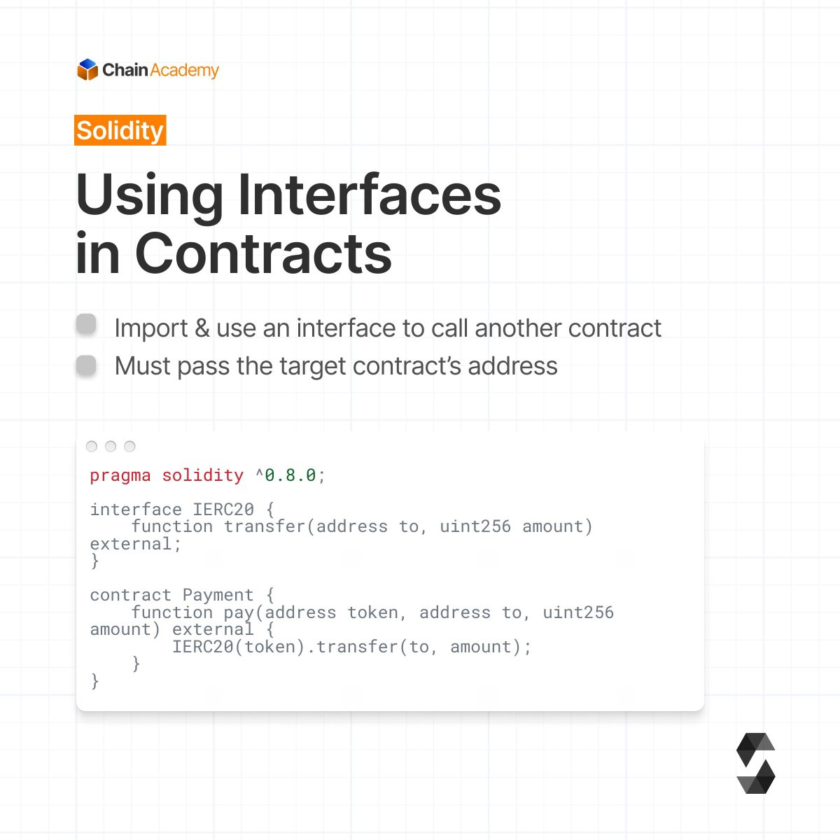 chainacademy_'s tweet image. Solidity Interfaces &amp;amp; Structs, simplified. 

Interfaces = how contracts talk.
Structs = the data they use.

Another easy-to-access tutorial in our Solidity series. 

#Solidity #Web3Learning #LearnToCode #ChainAcademy #LimitlessLearning