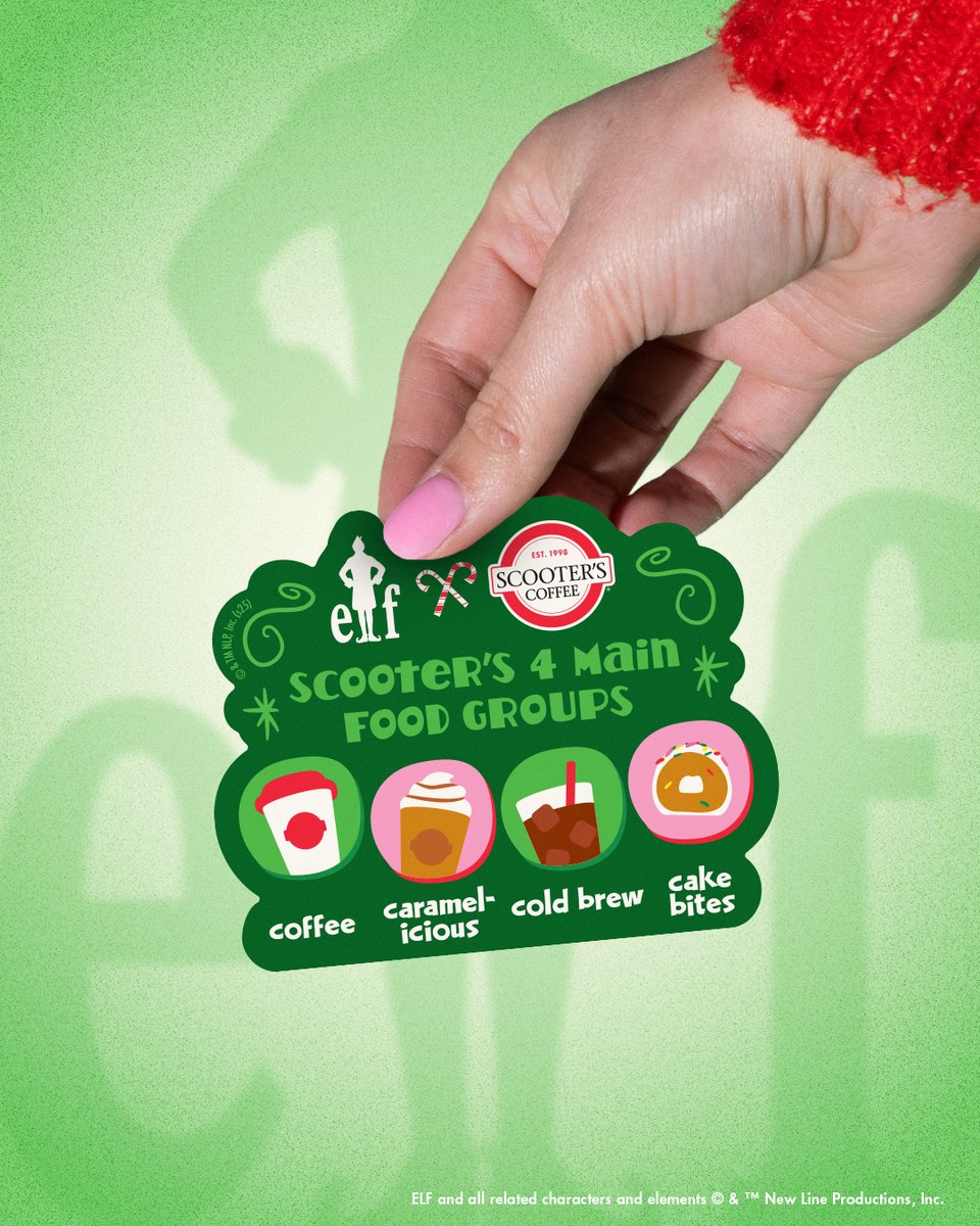scooterscoffee's tweet image. You've heard of the four main ELF food groups; let us introduce you to the four main Scooter's food groups! 😏 Get an ELF X Scooter's Coffee sticker TODAY (11.20.25)  after 11 a.m., while supplies last. 
#ELFxScootersCoffee