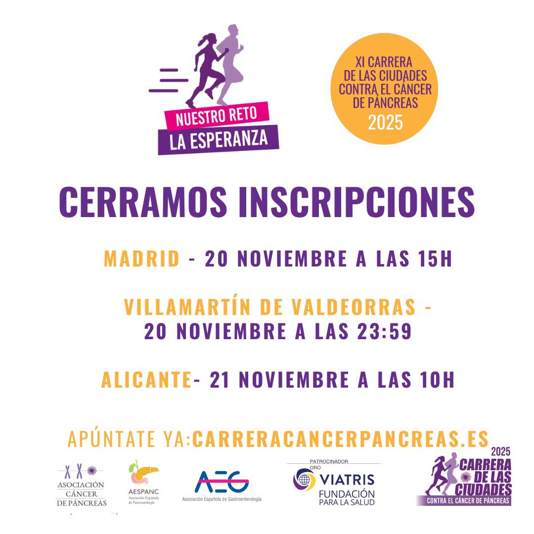 AESPANC's tweet image. ¡ÚLTIMAS HORAS! MAÑANA CERRAMOS INSCRIPCIONES 
• Madrid: 20 de noviembre a las 15:00 h
• Vilamartín de Valdeorras: 20 de noviembre a las 23:59 h
• Alicante: 21 de noviembre a las 10:00 h
 CARRERACANCERPANCREAS.ES

#CarreraDeLasCiudades #NuestroRetoLaEsperanza #CáncerDePáncreas