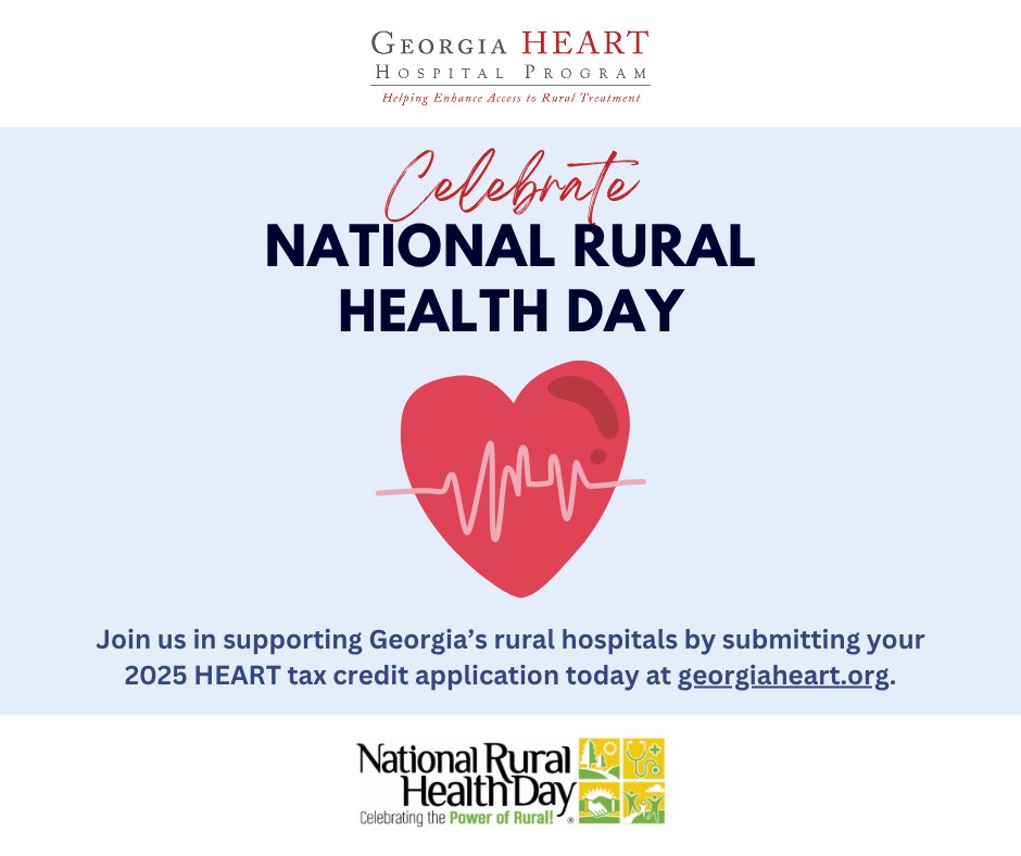 Celebrate National Rural Health Day by making a lasting impact! ❤️ Redirect your Georgia income taxes to support rural hospitals through the Georgia HEART Hospital Program and help strengthen access to quality care across our state. Apply today at georgiaheart.org.