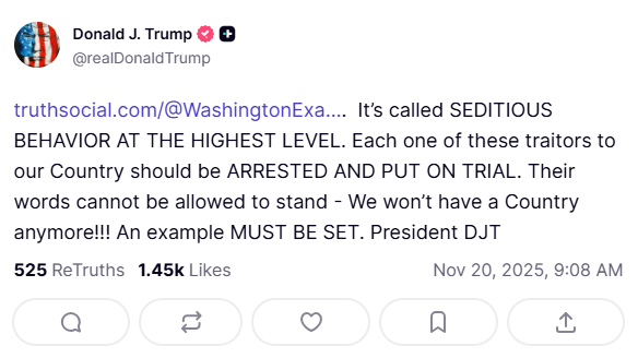 FoxNews's tweet photo. 🚨 BREAKING: Trump labels 6 Democrats who told service members to refuse unlawful orders 'traitors' who should be arrested
