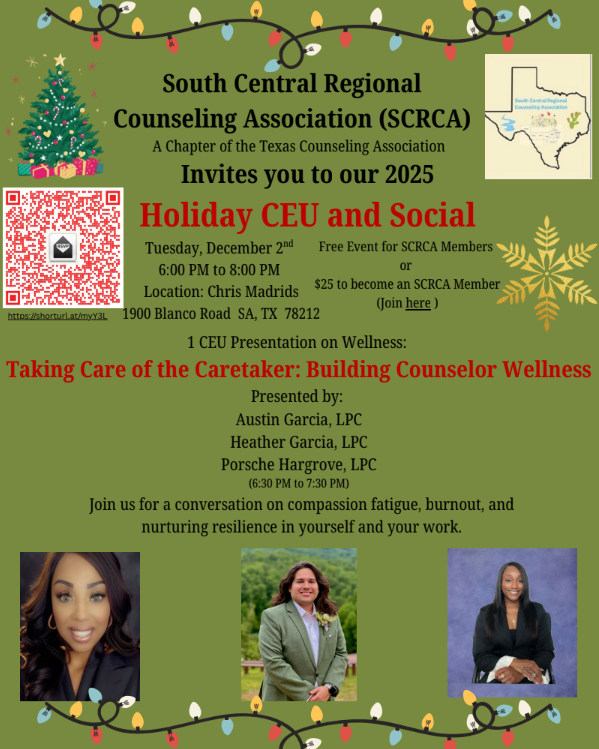 SCRCA_TCA's tweet image. We cannot wait to see you at our #SCRCA Winter Social &amp;amp; CEU session on Tuesday, December 2nd at Chris Madrids. RSVP here: docs.google.com/forms/d/e/1FAI…