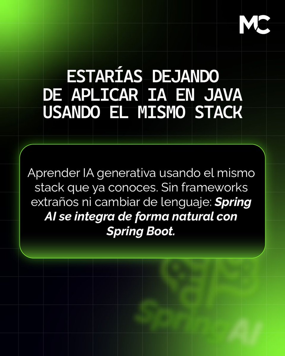 mitocode's tweet image. ¡Hey Coder! 🙋🏻. Si aún no aplicas IA generativa con Spring AI, estás dejando pasar mejoras clave en tus proyectos 🚀. Así que revisa estos 5 puntos y empieza a potenciar tu backend desde hoy 👩🏻

🚨 Spring AI developer
📲 buff.ly/H8kDgIW
.
#mitocode #programador
