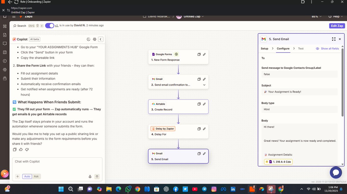 LejendaryD's tweet image. Just created a game-changing workflow using #GoogleForms and #Zapier!  Students submit assignments, get instant confirmation emails, and receive completed work via email after 72 hours - all automated! 
PS: My first Automation 
 #Automation #Productivity #NoCode