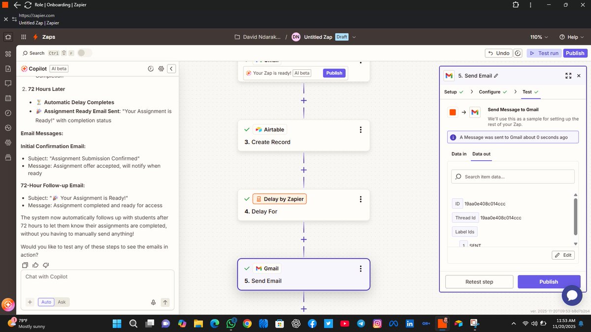 LejendaryD's tweet image. Just created a game-changing workflow using #GoogleForms and #Zapier!  Students submit assignments, get instant confirmation emails, and receive completed work via email after 72 hours - all automated! 
PS: My first Automation 
 #Automation #Productivity #NoCode
