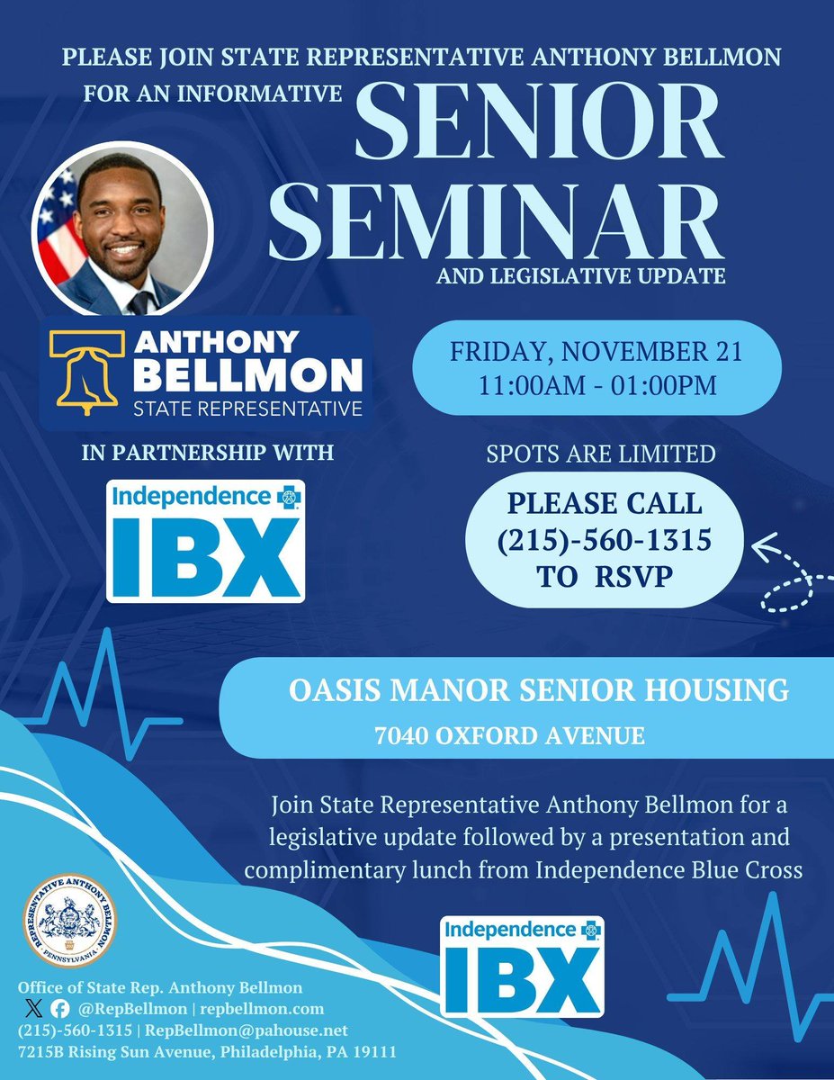 RepBellmon's tweet image. Seniors, my senior seminar is TOMORROW. I invite you to stop by to learn about state government programs and services that can benefit you. A free lunch will be provided. Make sure to call my office today at (215) 560-1315 to RSVP. Spots are limited.