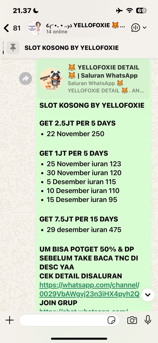 Haloo arisan yellofoxie avail get desember. Cocok untuk natalan atau liburan akhir tahun nih, yuu yang minat boleh join grup utama 
chat.whatsapp.com/JBqfYSthq89EvN… 
#zonauang