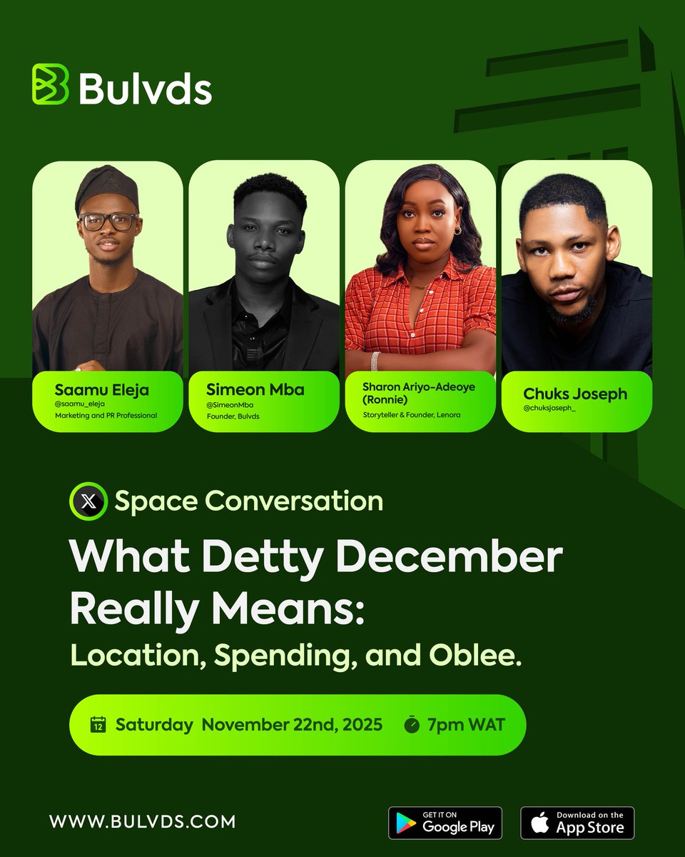 OnBulvds's tweet image. 📢 We’ve heard all the conversations about Detty December, including the plans, the pressure, and the price tags no one wants to admit.

So let’s talk about the real cost, the right locations, and the things nobody warns you about.

Join our Space this Saturday at 7 PM WAT along…