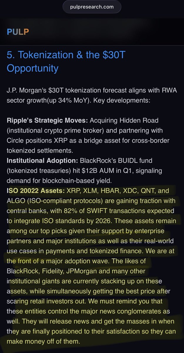 ‼️BLACKROCK AND J.P MORGAN ARE ACCUMULATING ISO 20022-COMPLIANT PROTOCOLS‼️

Read closely.😶‍🌫️

“XRP, XLM, HBAR, XDC, QNT, and ALGO (ISO-compliant protocols) are gaining traction with central banks, with 82% of SWIFT transactions expected to integrate ISO standards by 2026.”💎

“We
