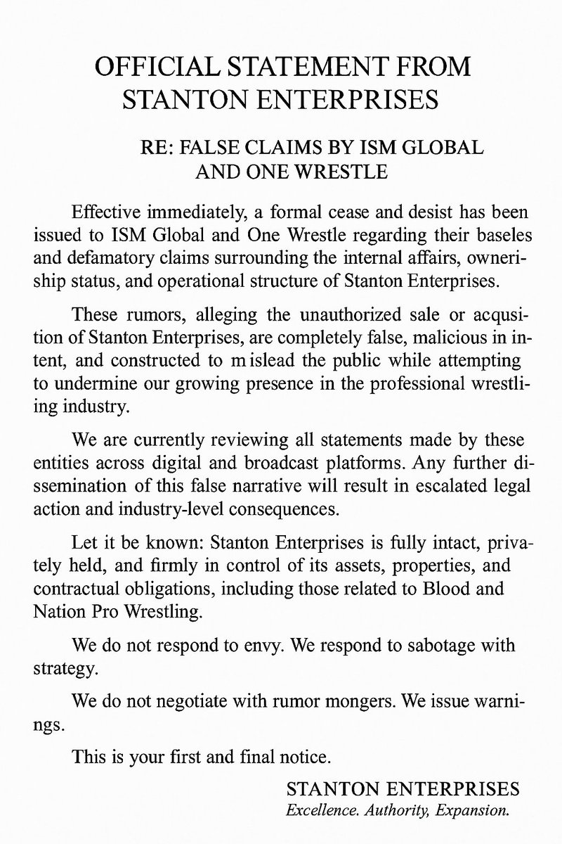 As Per Order of Ricky Stanton. SE is very disappointed not in <a href="/ISMGlobal1/">ISMGlobal</a>, because most low-tier companies move in behaviors like this. But we are saddened by the actions of <a href="/one_wrestle/">OneWrestleMovement</a> engaging and supporting such behavior. War is imminent. We are asking for peace and clarity.
