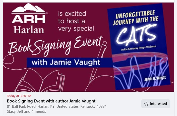 Just a friendly reminder.  I will be signing copies of my latest and seventh book about UK basketball at Harlan ARH Hospital today (Thursday) from 3:30 to 5 p.m. ET.  Hope to see you and we'll talk hoops! Go Cats! #WeAreUK #GoBigBlue #BBN #Harlan #Kentucky