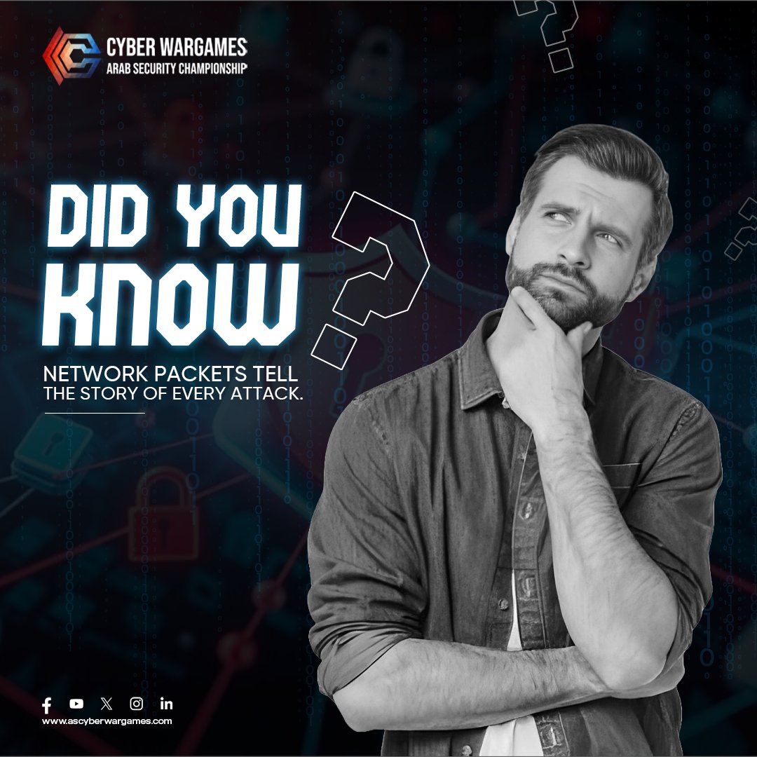 ascyberwargames's tweet image. Did you know?
Every attack leaves traces inside network packets — timestamps, destinations, anomalies, patterns.
Decoding them is one of the most powerful skills in cybersecurity.
Your next breakthrough could be hidden in a single packet.
#ArabSecurityWargames #NetworkAnalysis