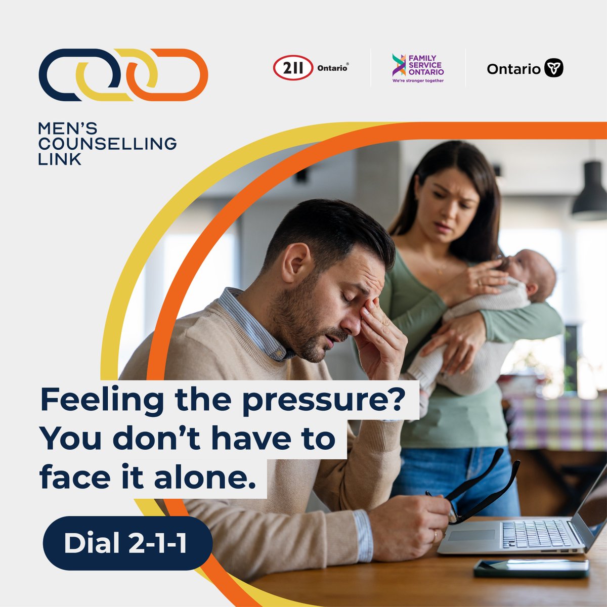Feeling the weight of job uncertainty, or of expensive bills adding strain to your relationships? 
Many men do, and reaching out is a sign of strength.
Men’s Counselling Link is free, confidential, and here to help you.
Dial 2-1-1 or visit 211ontario.ca/mens-counselli…