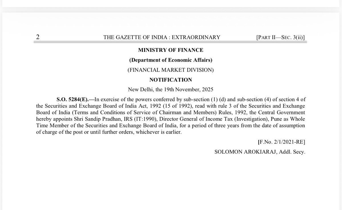 amitmishrasw2's tweet image. दिल्ली -

IRS ऑफिसर प्रधान अब SEBI के होल-टाइम मेंबर हैं-

संदीप प्रधान को तीन साल के लिए सिक्योरिटीज एंड एक्सचेंज बोर्ड ऑफ़ इंडिया (SEBI) का होल-टाइम मेंबर (WTM) अपॉइंट किया गया है। वह 1990 बैच के IRS (IT) ऑफिसर हैं।

#Sebi #Delhi