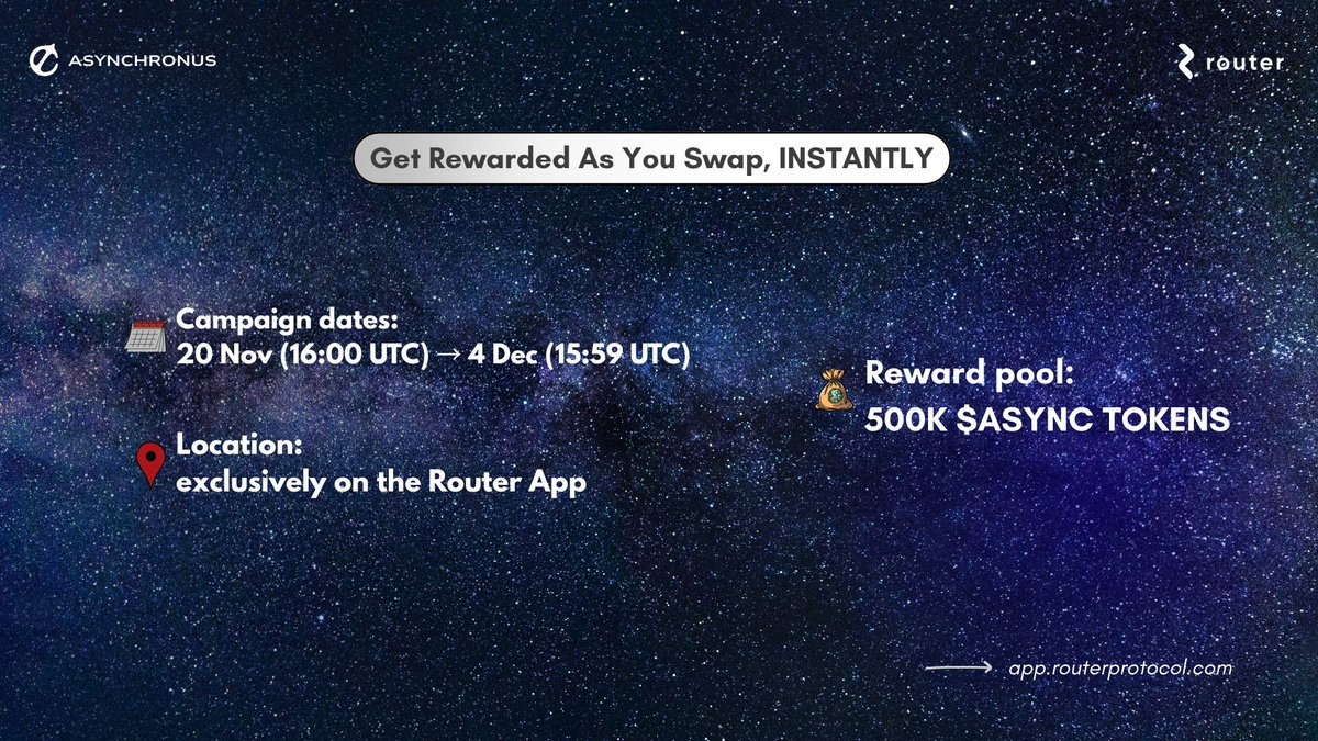 routerprotocol's tweet image. Router x @Asynchronus_ai INSTANT rewards campaign, live from 20 Nov!

We’re launching a new rewards campaign built on one simple idea: instant gratification. No waiting for forms, no “rewards later”, no hoops. Just swap and get rewarded on the spot. 

Start here:…