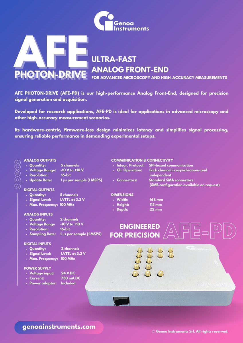 genoainstrument's tweet image. 🚀 New Product Alert: AFE PHOTON-DRIVE 🔬 Our Ultra-Fast Analog Front-End, built for high-precision microscopy &amp;amp; measurements.

✅ Plug-and-play
✅ Integrates seamlessly into microscopy setups
✅ Optimized for PRISM technology

📄 Check the datasheet for specs
📩 DM for questions