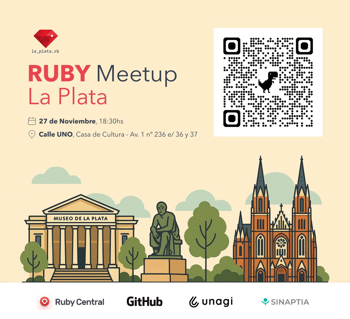 Este jueves 27/11 nos encontramos en La Plata para una nueva #RubyMeetup. Vení a compartir.  

Reservá tu ticket: eventbrite.com.ar/e/la-platarb-t…

<a href="/github/">GitHub</a>  #rubycentral <a href="/sinaptia_dev/">SINAPTIA</a>  <a href="/unagi/">۫</a> <a href="/SnapplerAr/">Snappler</a>  <a href="/RootstrapInc/">Rootstrap</a>  <a href="/SomosAero/">Aero</a>  <a href="/OmbuLabs/">OmbuLabs | The Lean Software Boutique</a>  @tecnom #laplata #ruby #rubyonrails