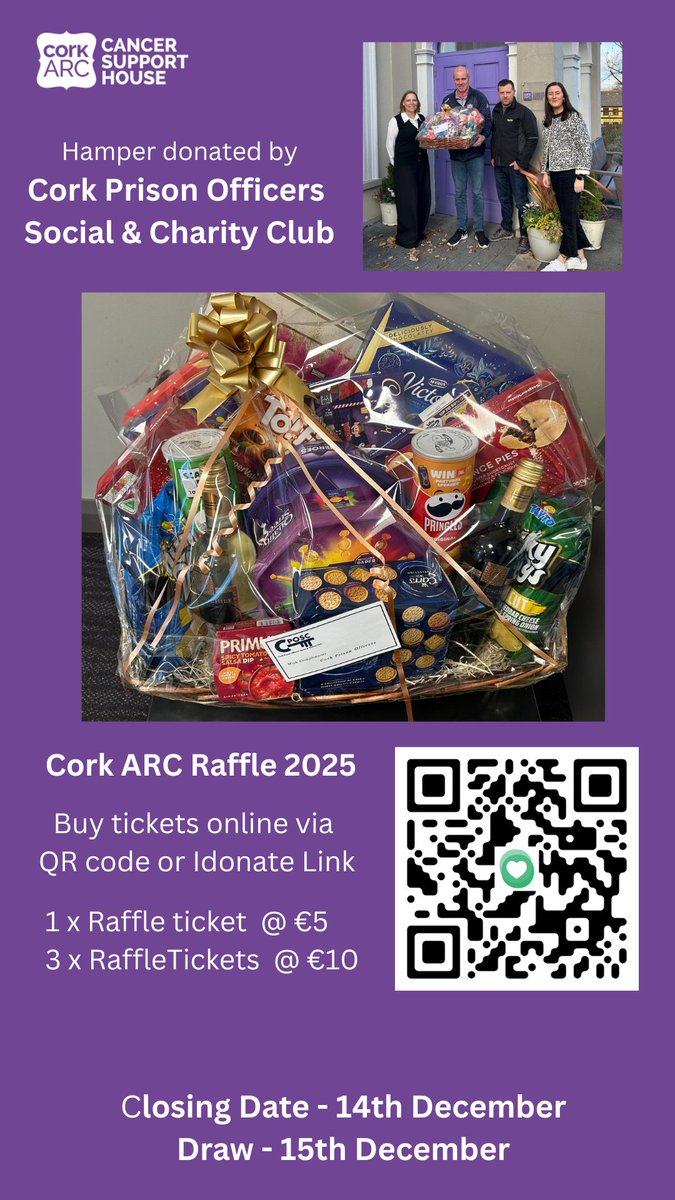 CorkARCcancer's tweet image. Cork Prison Officers Social and Charity Club have kindly donated a fantastic hamper for a raffle draw to raise funds for Cork ARC

Tickets can be bought by visiting us on Sarsfield Road or via our Idonate page link below.

idonate.ie/raffle/Christm…

#corkarcraffle
#4corkarc
#cposc