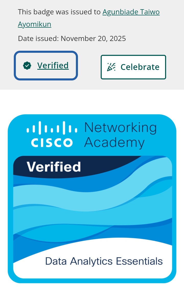 ayomi6443's tweet image. BOOM!  ✈️✈️✈️
From raw data wrangling to executive insights! 📊 
I am officially certified and ready to deploy SQL, Python (NumPy/Scikit-learn), and Tableau to ensure data integrity and drive decisions. Next challenge accepted! 🚀
#CiscoNetworkingAcademy#DataAnalytics #Certified#
