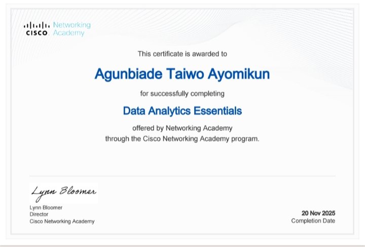 ayomi6443's tweet image. BOOM!  ✈️✈️✈️
From raw data wrangling to executive insights! 📊 
I am officially certified and ready to deploy SQL, Python (NumPy/Scikit-learn), and Tableau to ensure data integrity and drive decisions. Next challenge accepted! 🚀
#CiscoNetworkingAcademy#DataAnalytics #Certified#