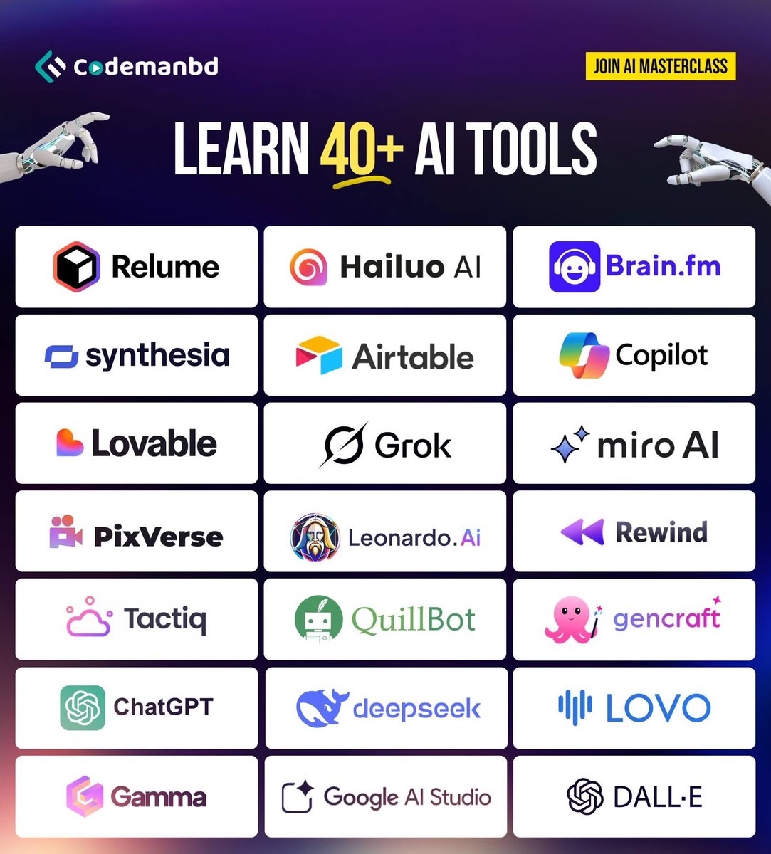 codemanbd's tweet image. প্রতিদিন অন্তত ৩০ মিনিট সময় দিয়ে Ai টুলগুলো বিস্তারিত শিখুন। ৩০ দিনের জন্য ব্ল্যাকআউট হয়ে যান। আপনার ডেভেলপমেন্ট আপনি নিজেই টের পাবেন। 
---
🔴 Ai Masterclass - By Minhazul Asif
🔹 থাকছে ১০০+ লেসন
🔹 ২২ ঘণ্টা + ভিডিও
🔹 ৪০+ Ai টুলের ডিটেইল ব্যবহার 👇
---
#AiMasterclass