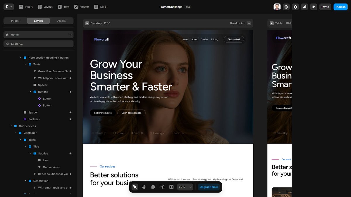 ihasnain010's tweet image. I built a full business website in Framer
Simple structure smooth UI and modern animations
Feedback is welcome
#Framer #UIDesign #webdesigner 
#FramerChallenge