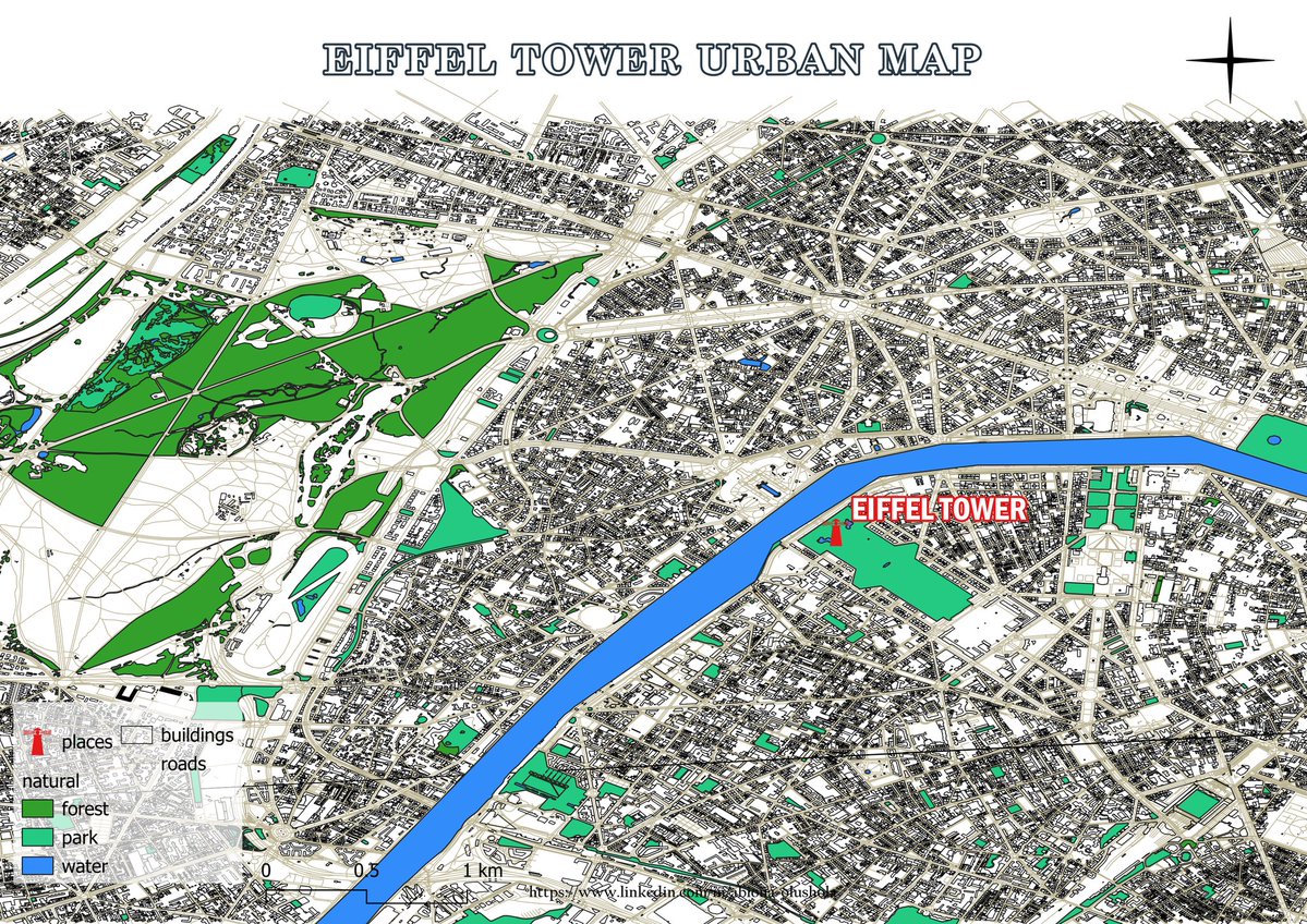 abiona_jude's tweet image. 🌇 Day 14
Theme: OpenStreetmap 
The map presented today illustrates the urban landscape of Paris, renowned as the city of love, with the iconic Eiffel Tower situated at its center. 
 🖥️ Tool used: QGIS
 📍 Data: Openstreetmap
#30DayMapChallenge #Day14 #Openstreetmap