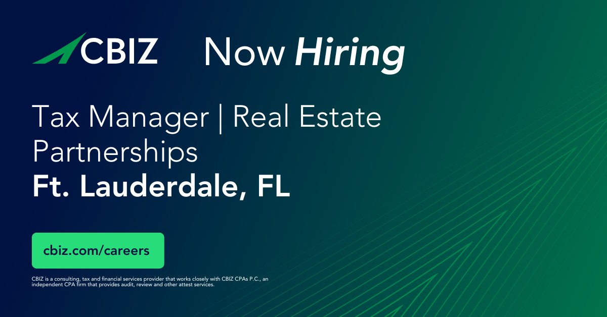 .<a href="/cbz/">CBIZ</a> is #hiring a Tax Manager specializing in Real Estate Partnerships in Ft. Lauderdale, FL! This role combines deep technical expertise, quality control, and significant leadership responsibility.

➡️ View Details &amp; Apply: okt.to/p6NERd

#NowHiring #JobOpening