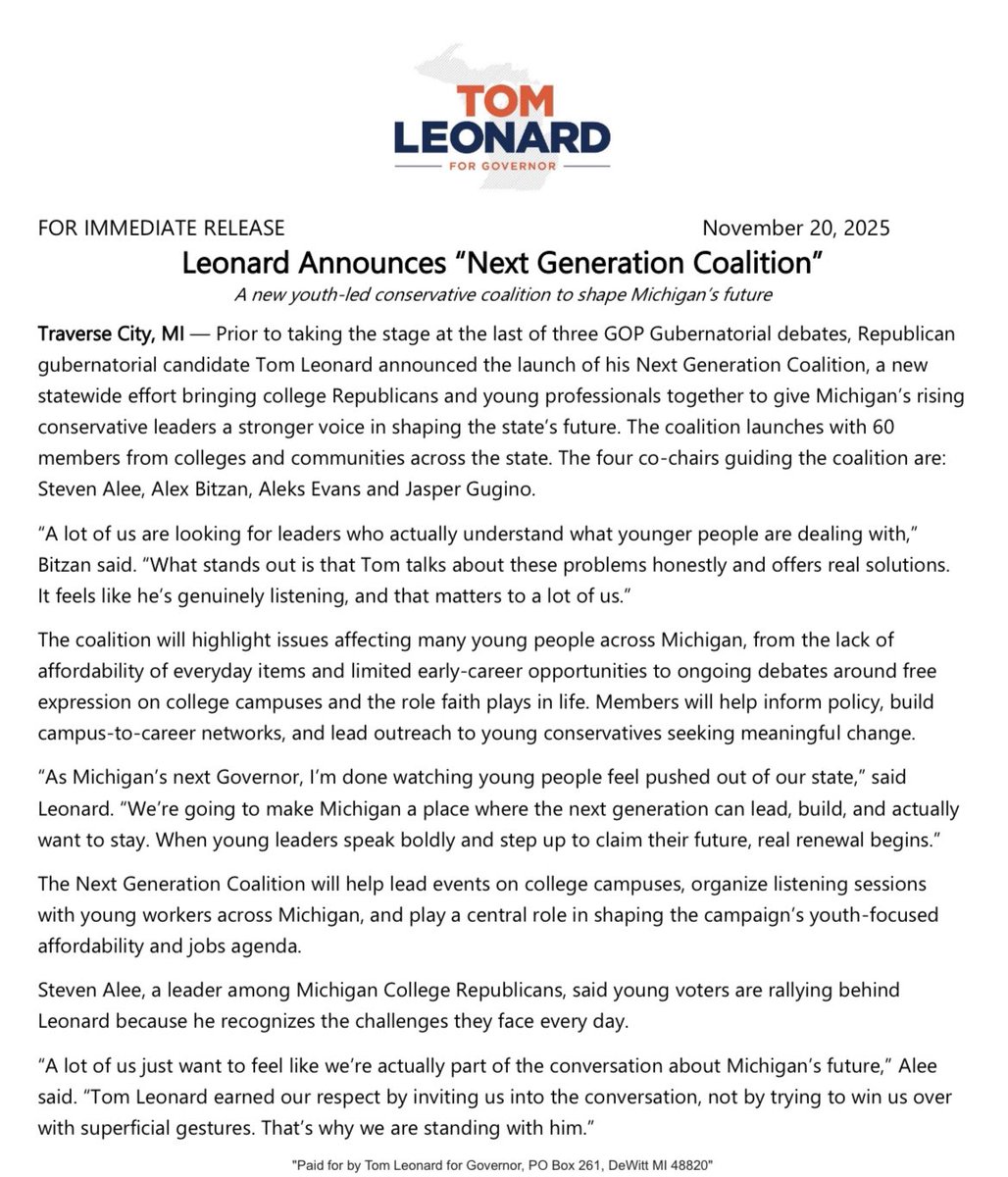🚨 Michigan’s Future Just Spoke 🚨

60 young conservatives are publicly backing our campaign. No one is working harder to empower Michigan’s youth and ensure they never have to leave our great state for better opportunity.

#NextGenerationCoalition #ThePathForward