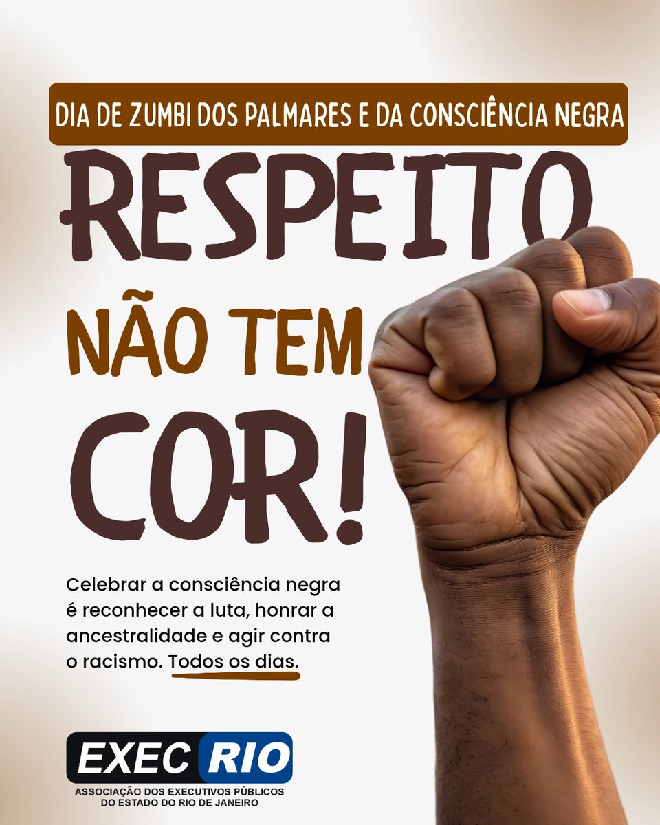 execrio's tweet image. Hoje celebramos o Dia Nacional de Zumbi e da #ConsciênciaNegra. Uma data para reafirmar a luta por igualdade, respeito e justiça. A Exec Rio reforça seu compromisso com uma administração pública cada vez mais diversa e inclusiva. ✊🏿