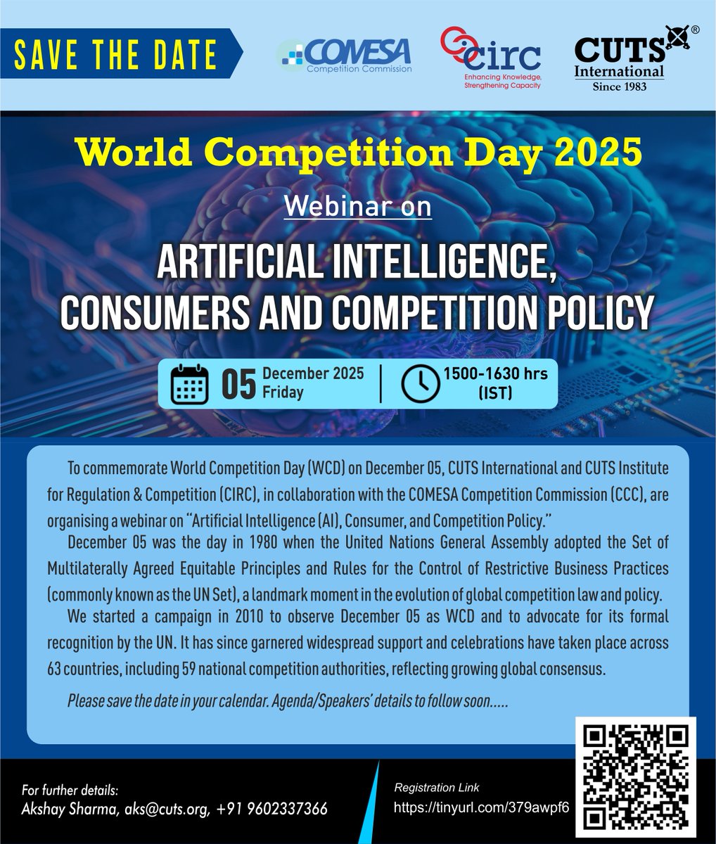 CCC_COMESA's tweet image. #Webinaralert #5December2025
#WorldCompetitionDay2025 #CUTSInternational #COMESA #CCC #WCD2025

 To register to participate, use the link; tinyurl.com/379awpf6