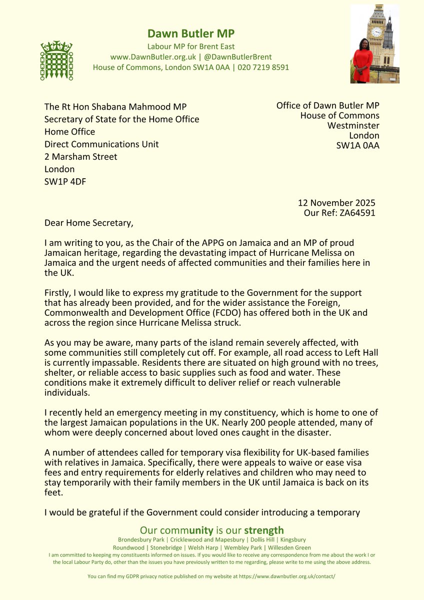 DawnButlerBrent's tweet image. I’ve heard from hundreds of residents worried sick about family in Jamaica after Hurricane Melissa.

I’ve written to the Home Secretary urging a temporary humanitarian visa or fee waiver so vulnerable relatives can reach safety.

Prayers for Jamaica 🇯🇲👇🏾