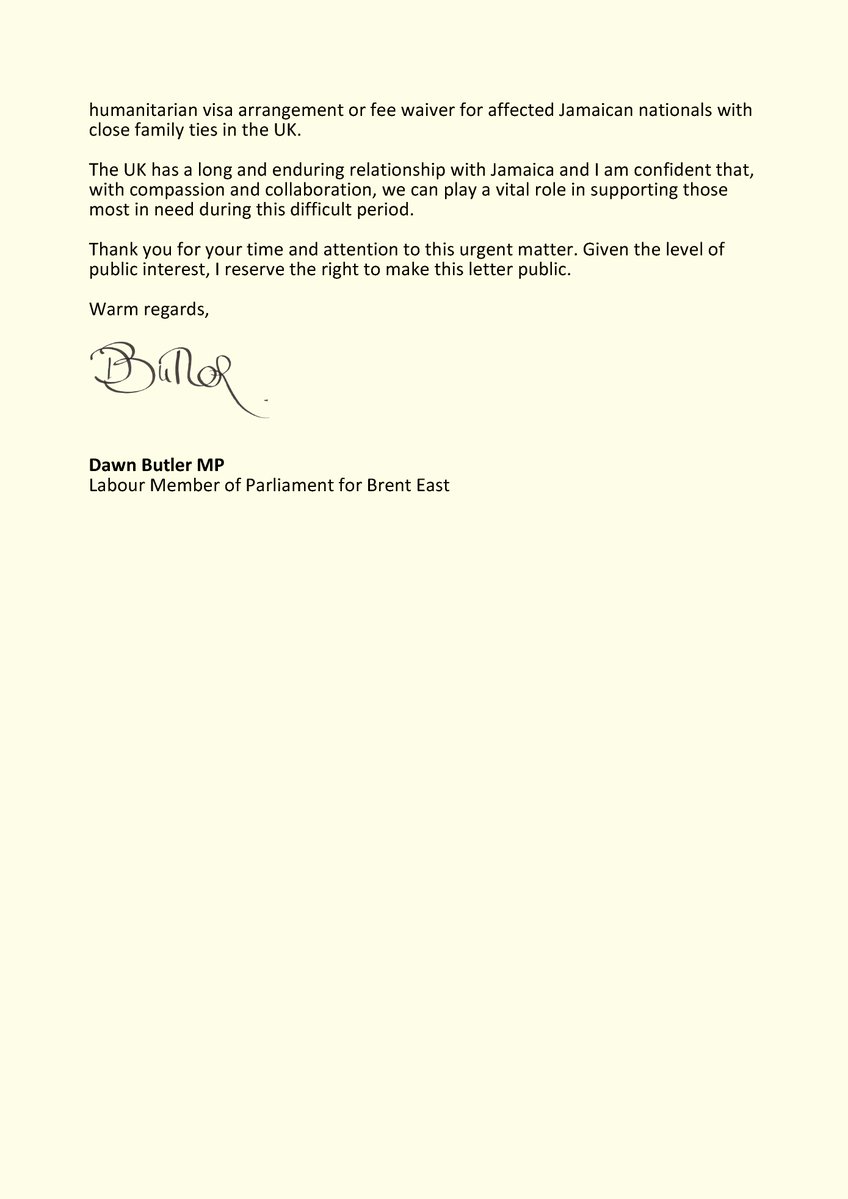 DawnButlerBrent's tweet image. I’ve heard from hundreds of residents worried sick about family in Jamaica after Hurricane Melissa.

I’ve written to the Home Secretary urging a temporary humanitarian visa or fee waiver so vulnerable relatives can reach safety.

Prayers for Jamaica 🇯🇲👇🏾